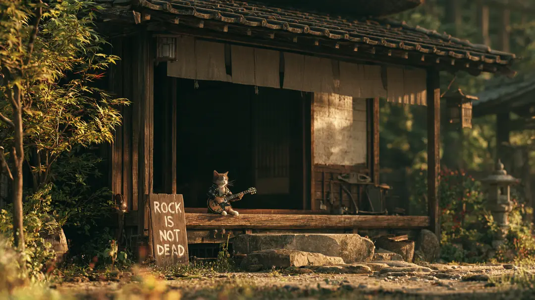 革ジャンの猫が田舎の小屋でギターを弾いている。立て札に「ROCK IS NOT DEAD」
