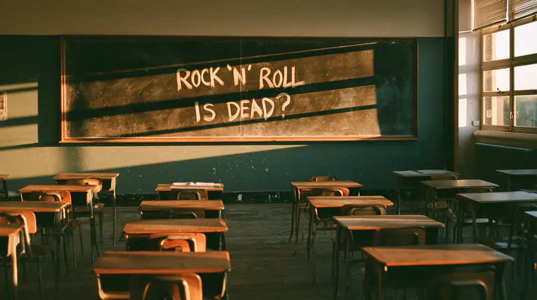 放課後の教室の黒板に「ROCK 'N' ROLL IS DEAD?」