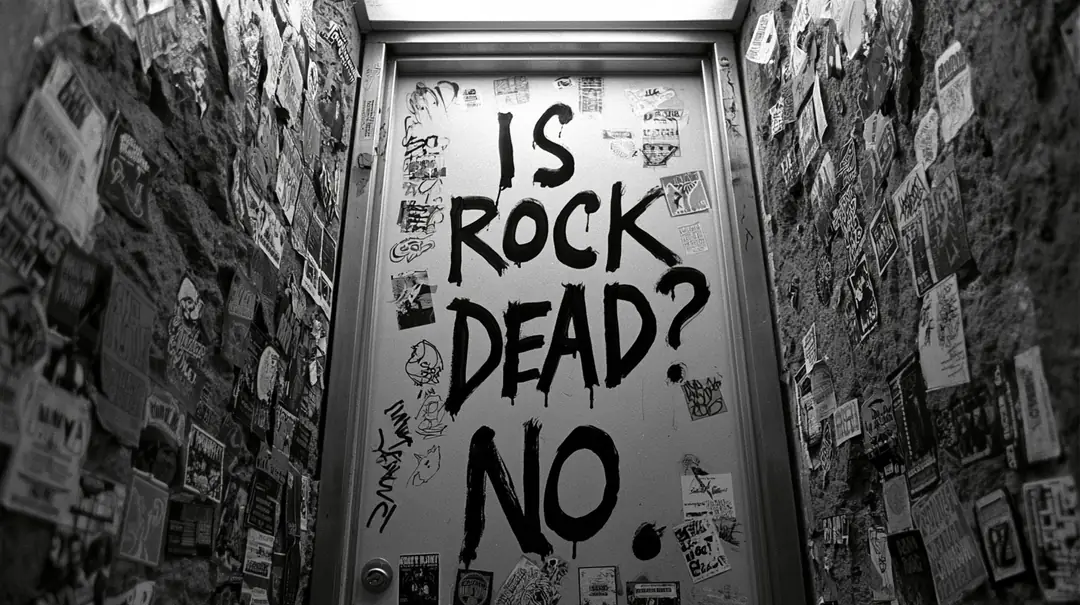 ステッカーだらけのトイレのドアに「IS ROCK DEAD? NO.」
