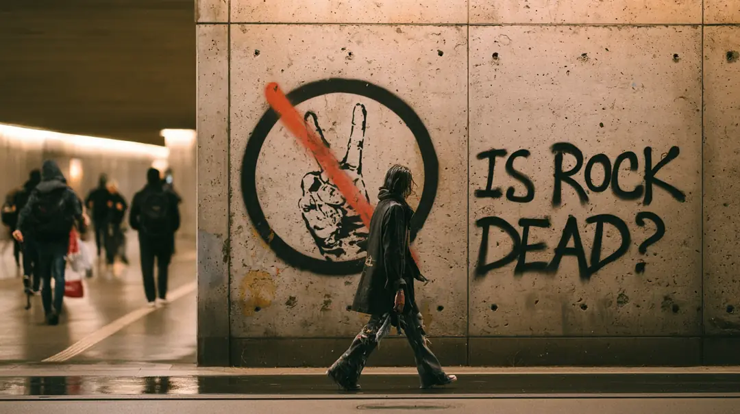 コンクリートの壁に「IS ROCK DEAD?」のステンシル